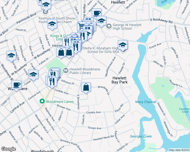 map of restaurants, bars, coffee shops, grocery stores, and more near 160 Meadowview Avenue in Hewlett