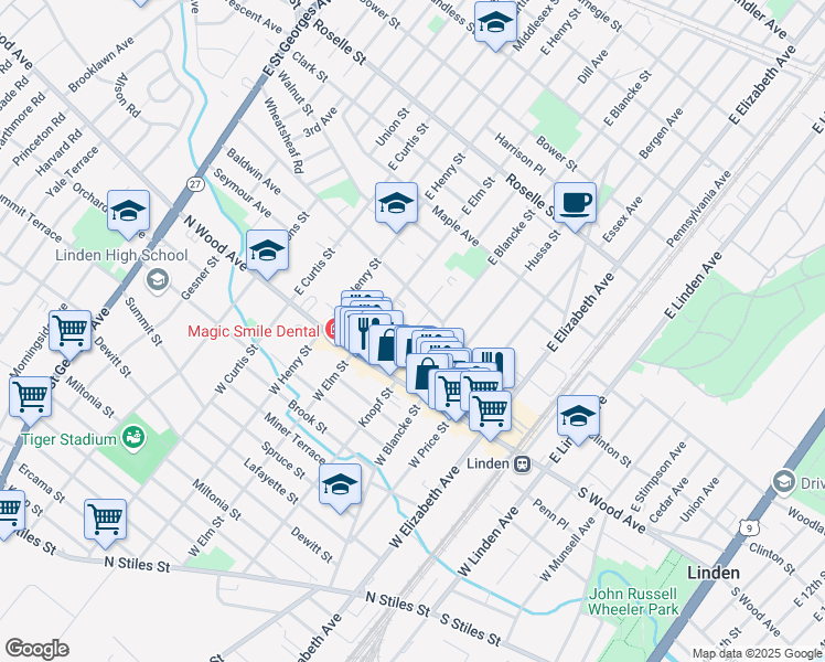 map of restaurants, bars, coffee shops, grocery stores, and more near 102 Luttgen Place in Linden