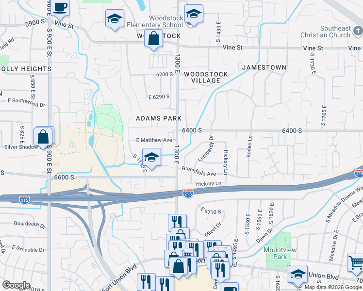 map of restaurants, bars, coffee shops, grocery stores, and more near 6486 South 1300 East in Murray
