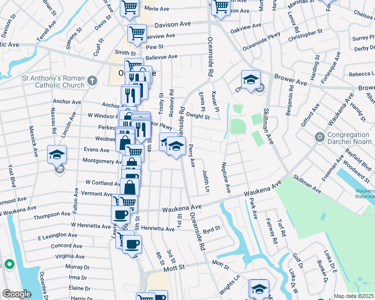 map of restaurants, bars, coffee shops, grocery stores, and more near 3192 Oceanside Road in Oceanside