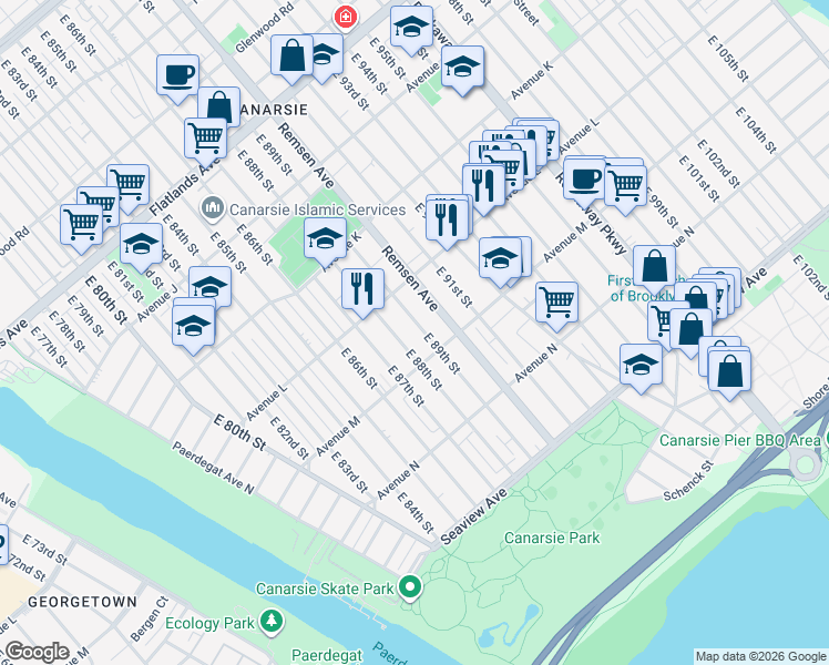 map of restaurants, bars, coffee shops, grocery stores, and more near 1255 East 88th Street in Brooklyn