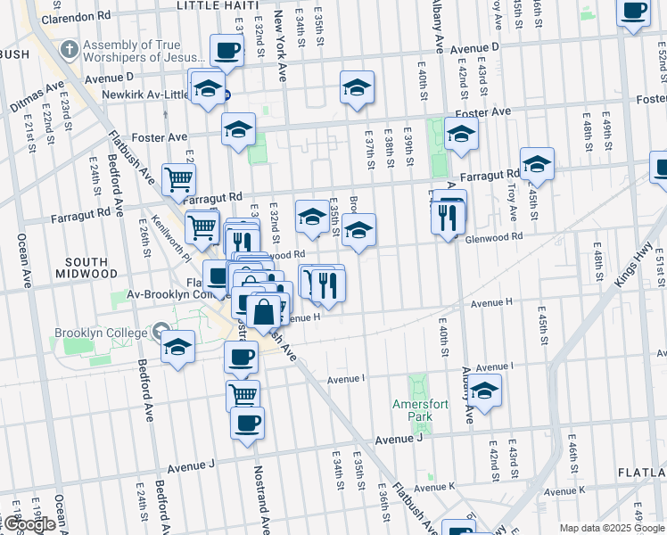 map of restaurants, bars, coffee shops, grocery stores, and more near 867 East 35th Street in Brooklyn