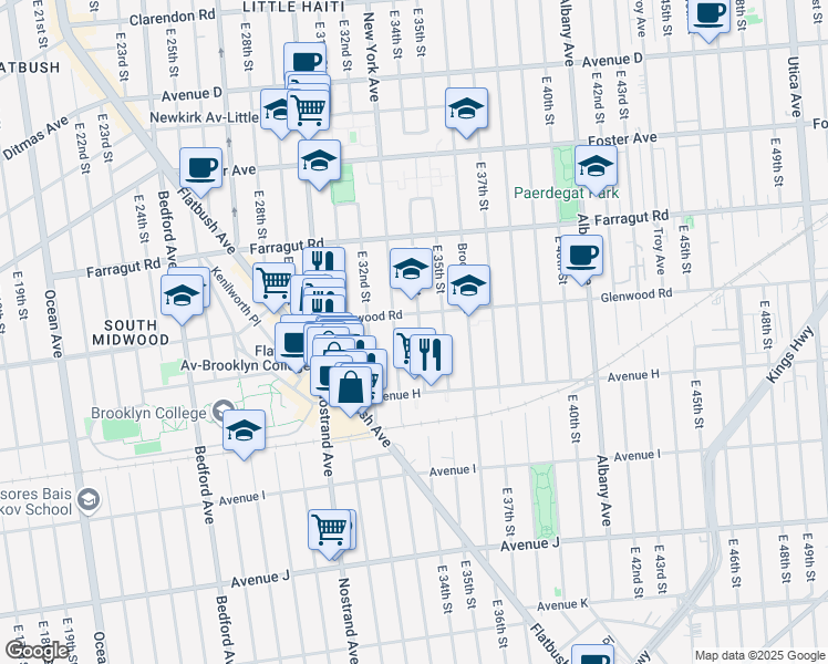 map of restaurants, bars, coffee shops, grocery stores, and more near 930 East 34th Street in Brooklyn
