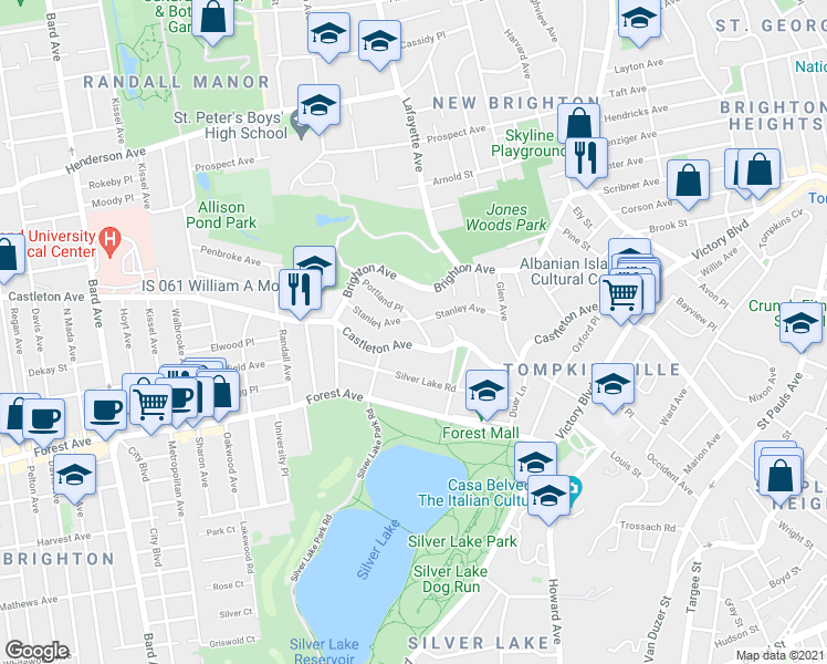 map of restaurants, bars, coffee shops, grocery stores, and more near 349 Castleton Avenue in Staten Island