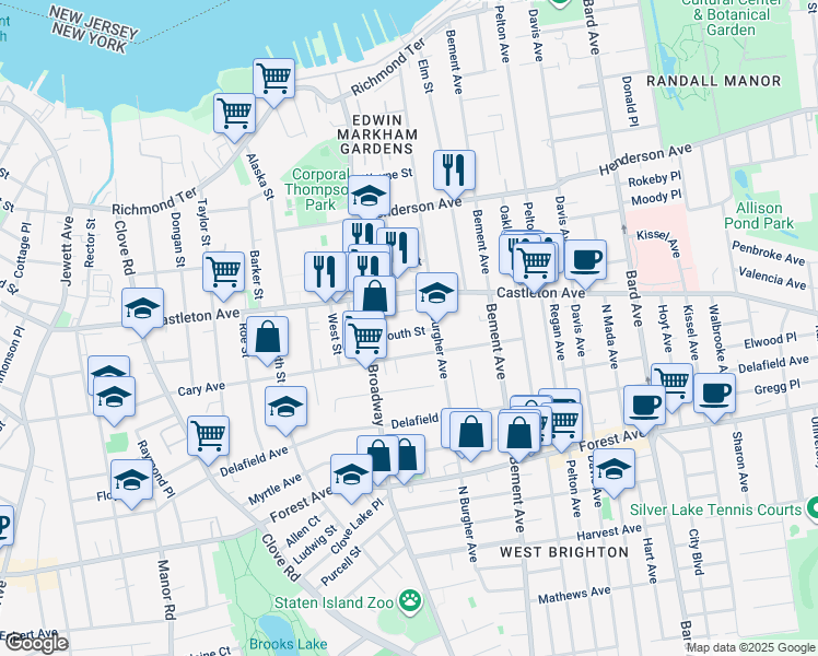 map of restaurants, bars, coffee shops, grocery stores, and more near 18 South Street in Staten Island