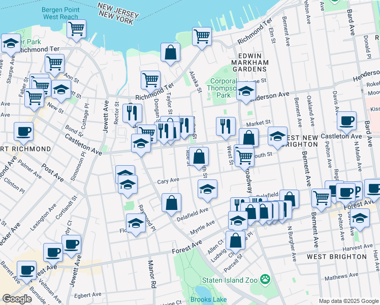 map of restaurants, bars, coffee shops, grocery stores, and more near 26 Elizabeth Street in Staten Island