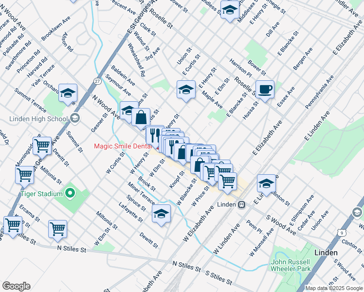 map of restaurants, bars, coffee shops, grocery stores, and more near 38 East Elm Street in Linden