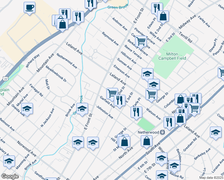 map of restaurants, bars, coffee shops, grocery stores, and more near 135 Netherwood Avenue in Plainfield