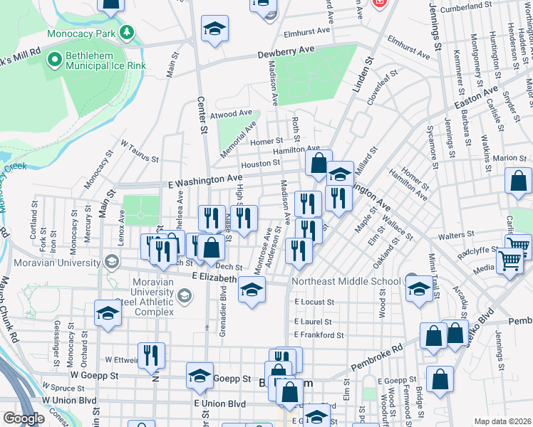 map of restaurants, bars, coffee shops, grocery stores, and more near 1434 Stehr Street in Bethlehem