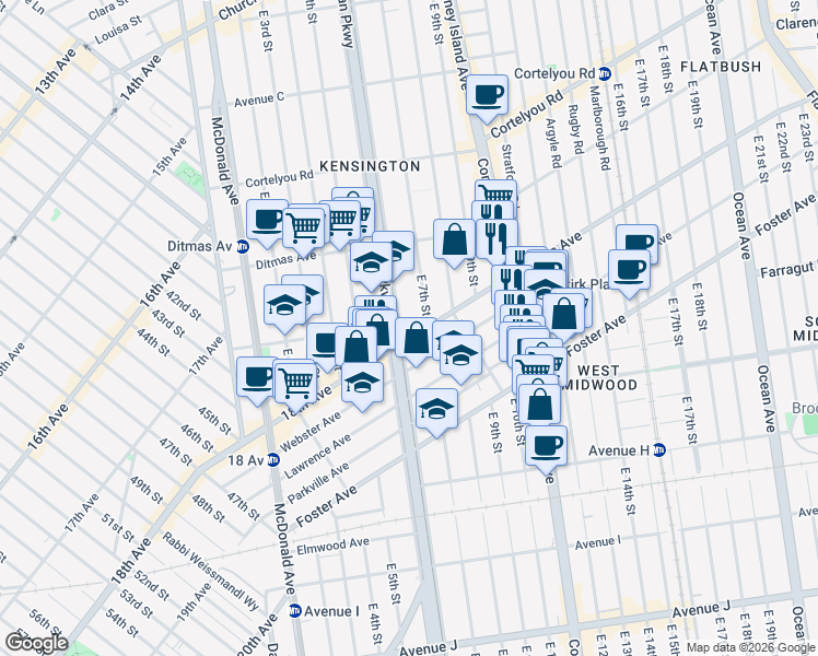 map of restaurants, bars, coffee shops, grocery stores, and more near 605 Ocean Parkway in Brooklyn