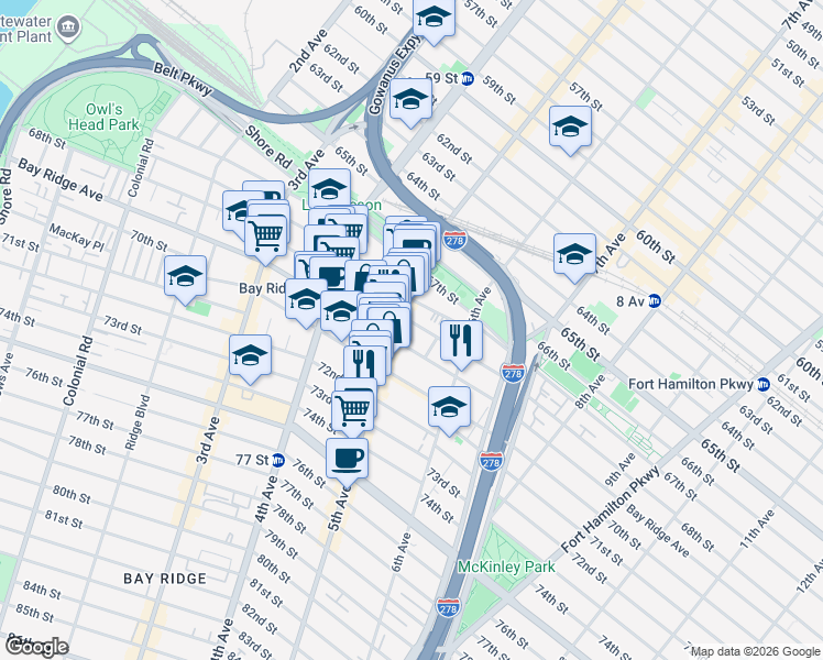 map of restaurants, bars, coffee shops, grocery stores, and more near 6817 5th Avenue in Brooklyn