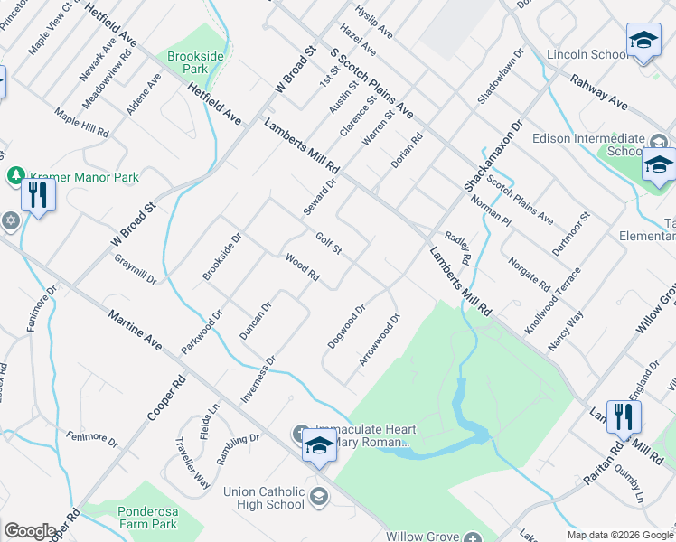 map of restaurants, bars, coffee shops, grocery stores, and more near 1964 Wood Road in Scotch Plains