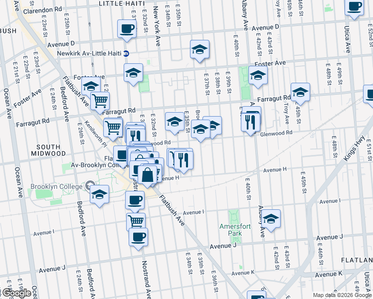 map of restaurants, bars, coffee shops, grocery stores, and more near 860 East 35th Street in Brooklyn