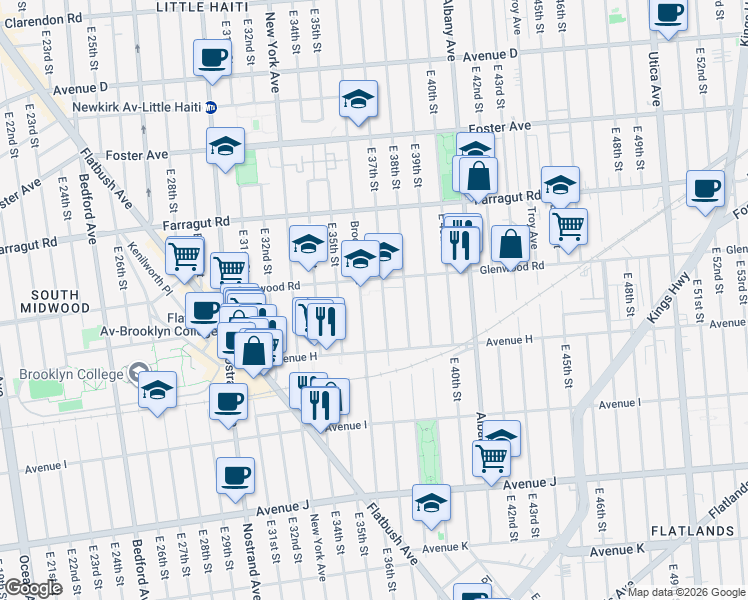 map of restaurants, bars, coffee shops, grocery stores, and more near 954 East 37th Street in Brooklyn