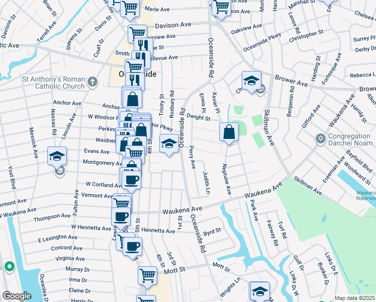 map of restaurants, bars, coffee shops, grocery stores, and more near 3192 Oceanside Road in Oceanside