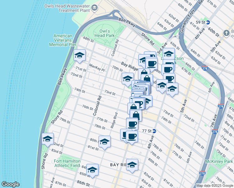map of restaurants, bars, coffee shops, grocery stores, and more near 174 73rd Street in Brooklyn