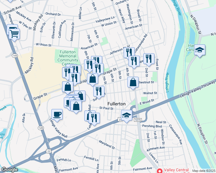map of restaurants, bars, coffee shops, grocery stores, and more near 833 7th Street in Fullerton