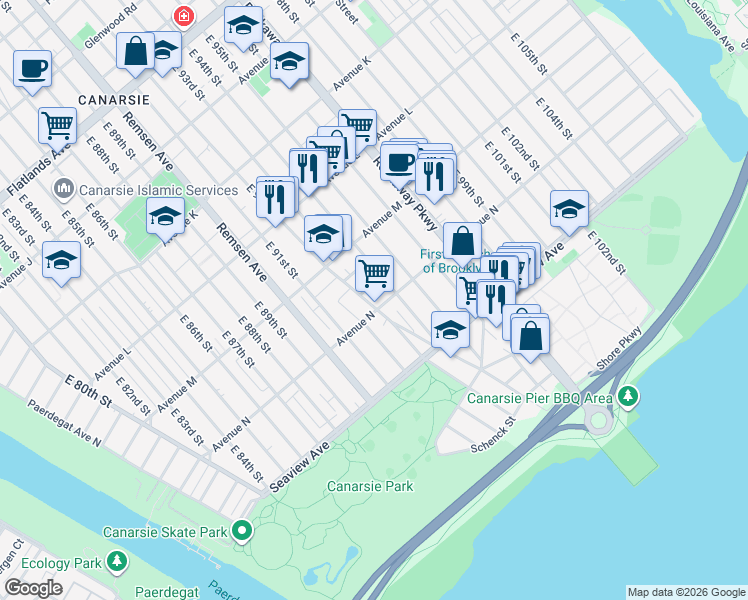map of restaurants, bars, coffee shops, grocery stores, and more near 1589 Canarsie Road in Brooklyn