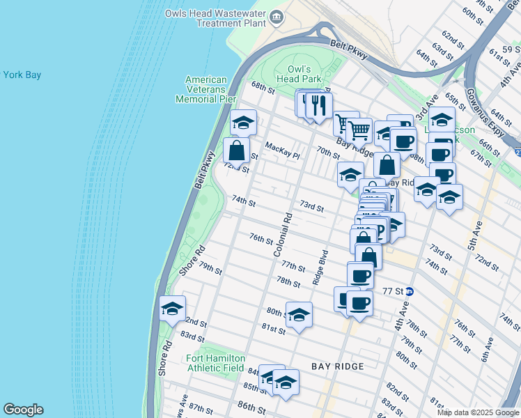 map of restaurants, bars, coffee shops, grocery stores, and more near 1 74th Street in Brooklyn