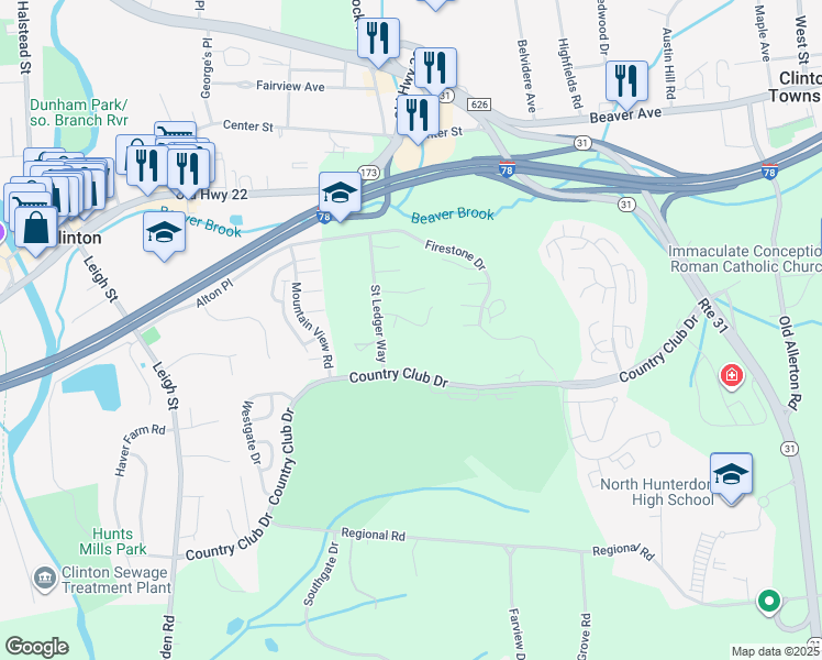 map of restaurants, bars, coffee shops, grocery stores, and more near 16 Spring Brook Drive in Hunterdon County