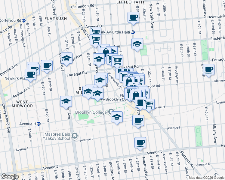 map of restaurants, bars, coffee shops, grocery stores, and more near 2620 Glenwood Road in Brooklyn