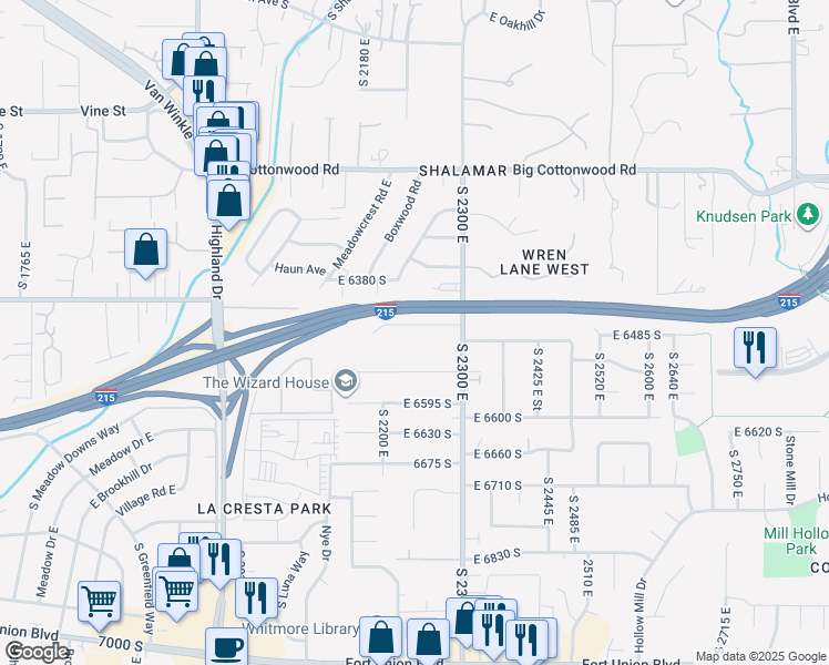 map of restaurants, bars, coffee shops, grocery stores, and more near 2244 East 6450 South in Cottonwood Heights