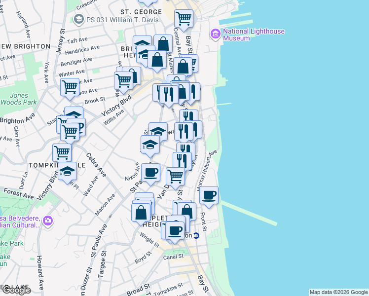 map of restaurants, bars, coffee shops, grocery stores, and more near 364 Bay Street in Staten Island