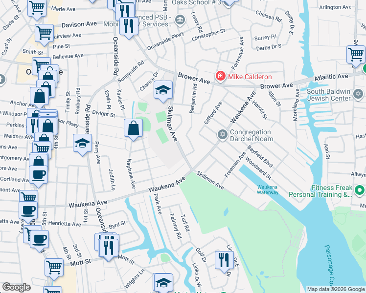 map of restaurants, bars, coffee shops, grocery stores, and more near 3282 Benjamin Road in Oceanside