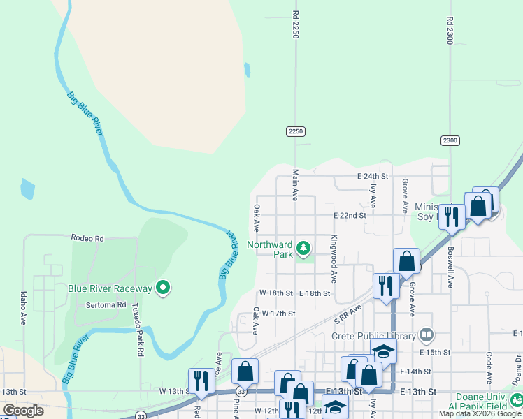 map of restaurants, bars, coffee shops, grocery stores, and more near 2209 Norman Avenue in Crete