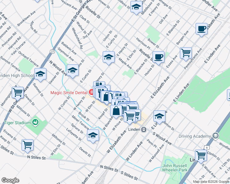 map of restaurants, bars, coffee shops, grocery stores, and more near 101 East Blancke Street in Linden