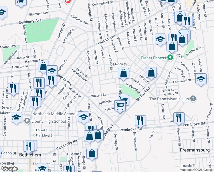 map of restaurants, bars, coffee shops, grocery stores, and more near 834 Rockland Street in Bethlehem