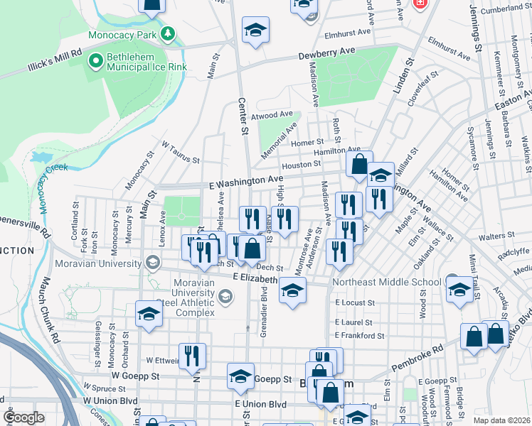 map of restaurants, bars, coffee shops, grocery stores, and more near 1501 High Street in Bethlehem