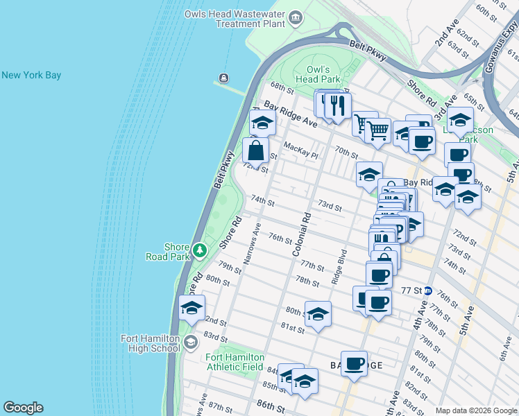 map of restaurants, bars, coffee shops, grocery stores, and more near 7414 Narrows Avenue in Brooklyn