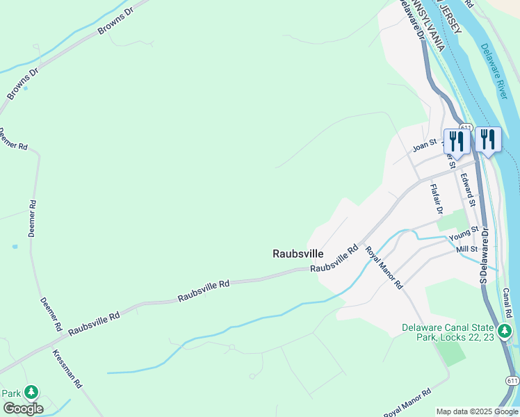 map of restaurants, bars, coffee shops, grocery stores, and more near 270 Raubsville Road in Easton