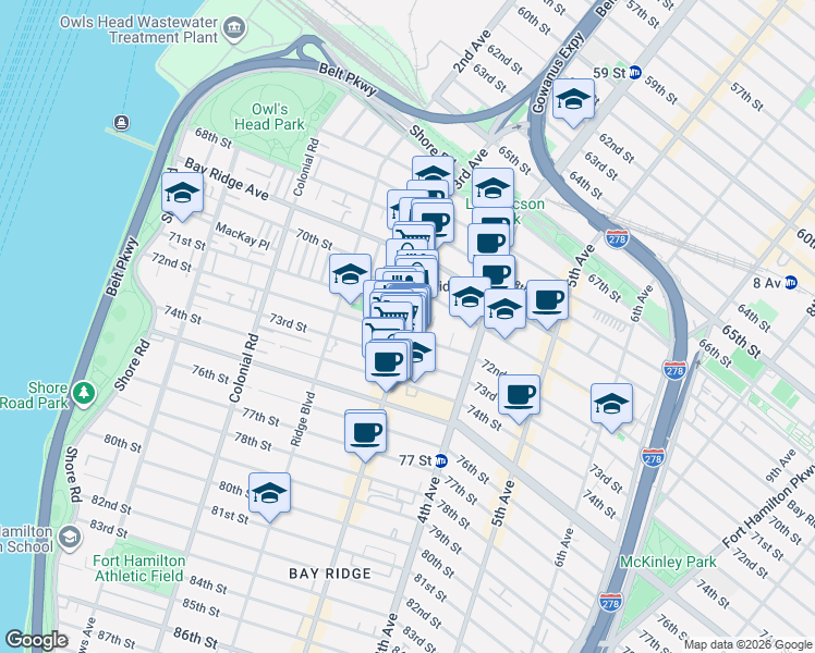 map of restaurants, bars, coffee shops, grocery stores, and more near 7116 3rd Avenue in Brooklyn