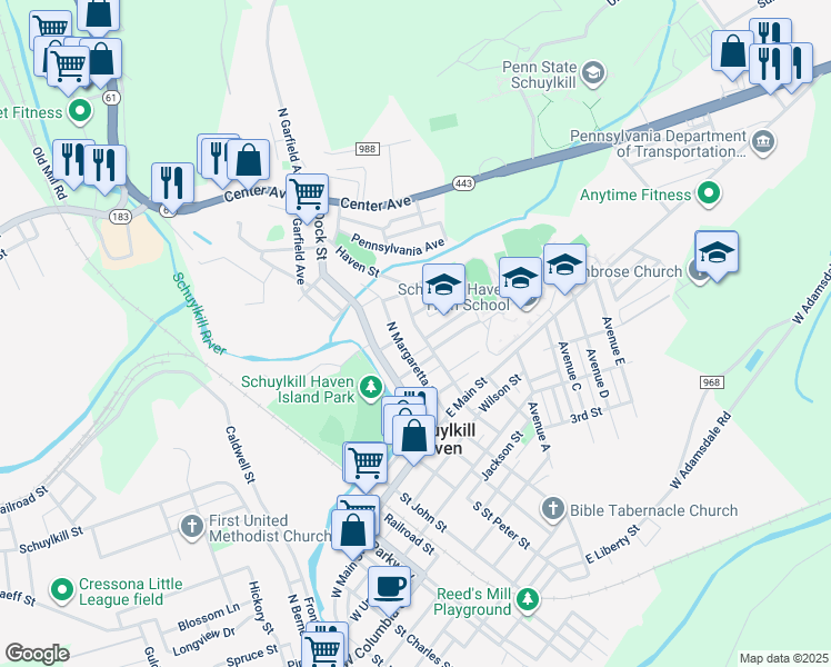 map of restaurants, bars, coffee shops, grocery stores, and more near 129 Haven Street in Schuylkill Haven
