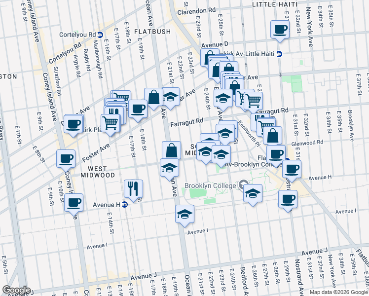 map of restaurants, bars, coffee shops, grocery stores, and more near 768 East 22nd Street in Brooklyn