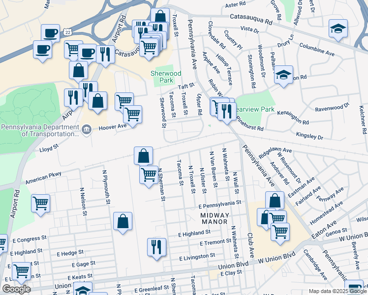 map of restaurants, bars, coffee shops, grocery stores, and more near 2001 East Columbia Street in Allentown