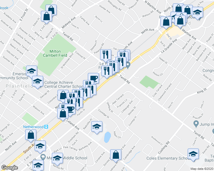 map of restaurants, bars, coffee shops, grocery stores, and more near 1424 South Avenue in Plainfield