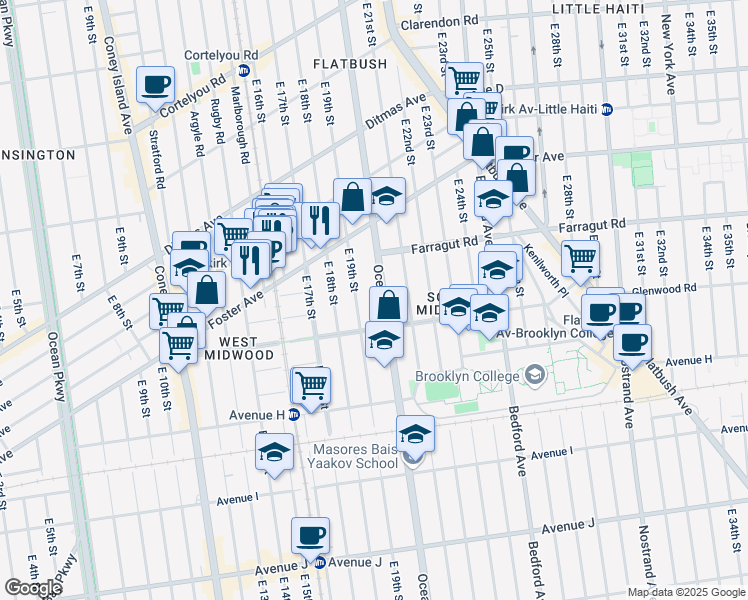 map of restaurants, bars, coffee shops, grocery stores, and more near 1170 Ocean Avenue in Brooklyn