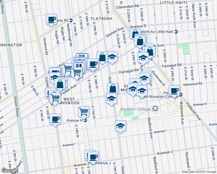 map of restaurants, bars, coffee shops, grocery stores, and more near 707 East 19th Street in Brooklyn