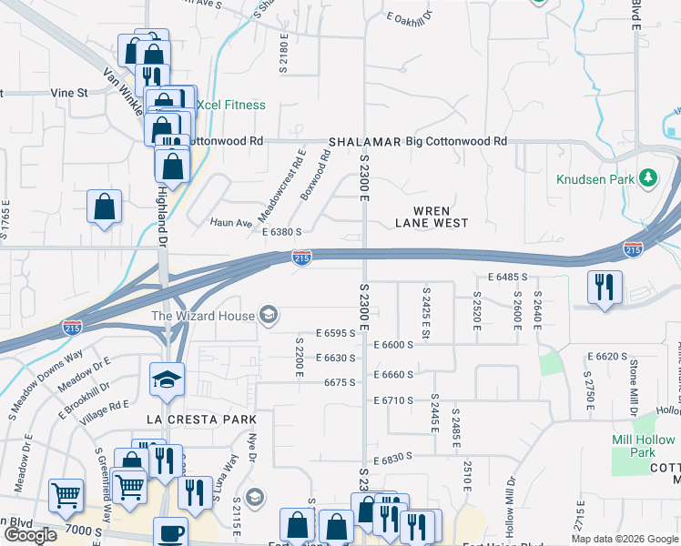 map of restaurants, bars, coffee shops, grocery stores, and more near 2266 East 6450 South in Salt Lake City