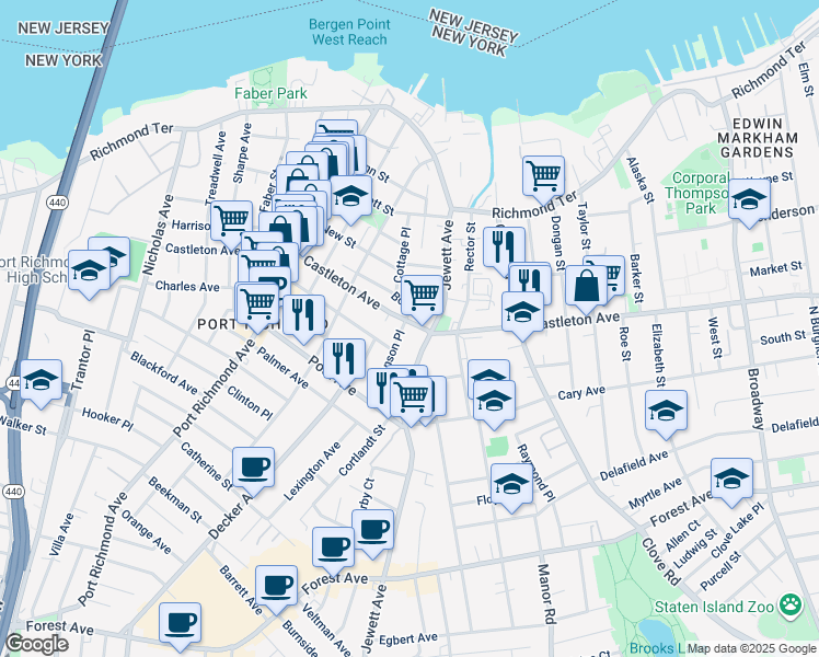 map of restaurants, bars, coffee shops, grocery stores, and more near 152 Jewett Avenue in Staten Island