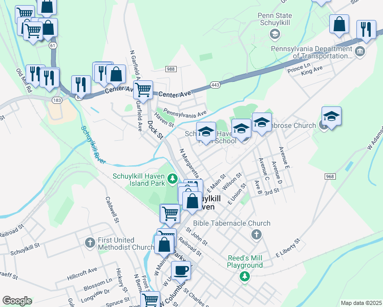 map of restaurants, bars, coffee shops, grocery stores, and more near 129 Haven Street in Schuylkill Haven