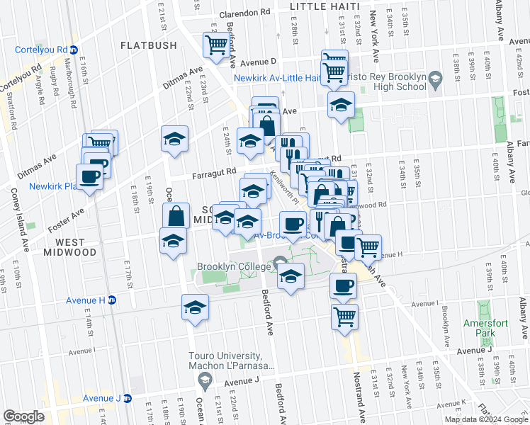 map of restaurants, bars, coffee shops, grocery stores, and more near 2515 Glenwood Road in Brooklyn