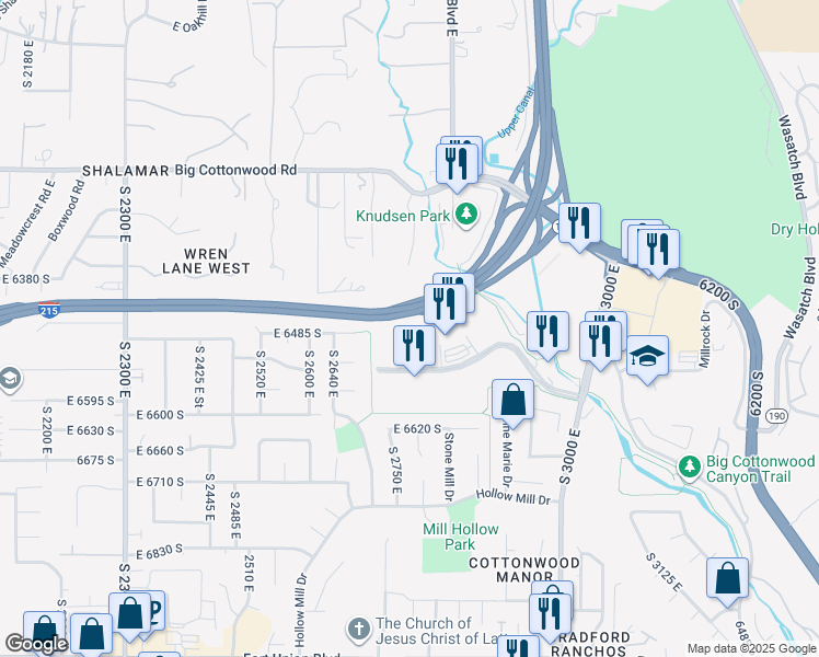 map of restaurants, bars, coffee shops, grocery stores, and more near 2795 Cottonwood Parkway in Cottonwood Heights