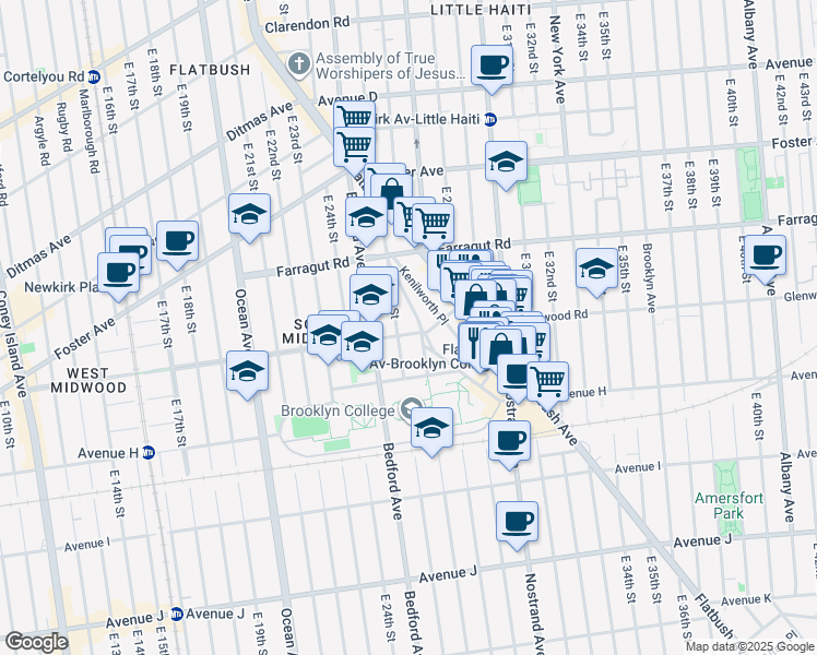 map of restaurants, bars, coffee shops, grocery stores, and more near 2620 Glenwood Road in Brooklyn