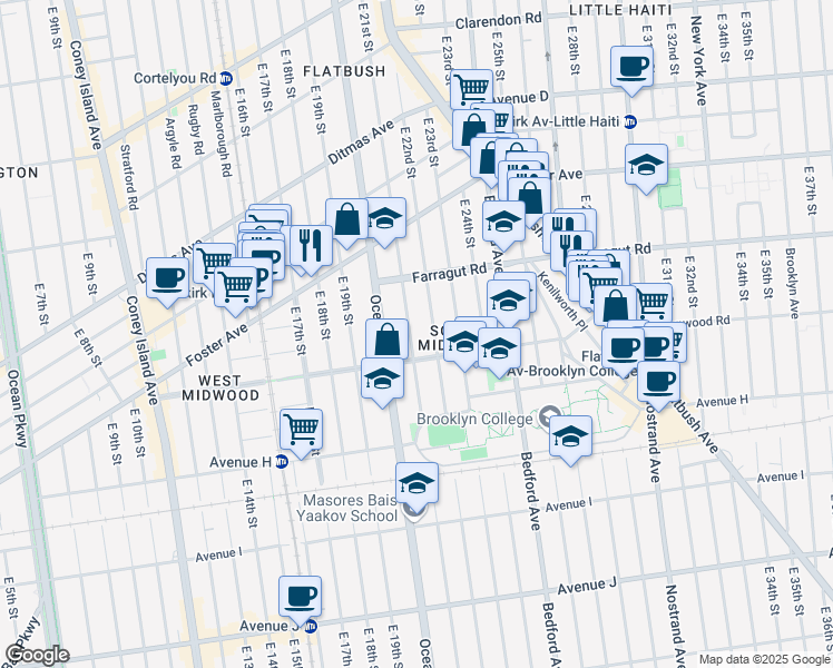 map of restaurants, bars, coffee shops, grocery stores, and more near 768 East 22nd Street in Brooklyn