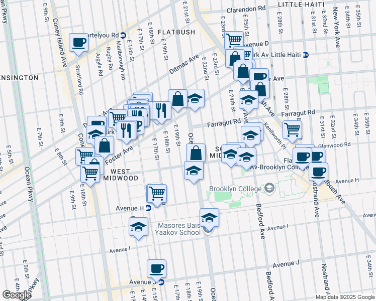 map of restaurants, bars, coffee shops, grocery stores, and more near 707 East 19th Street in Brooklyn