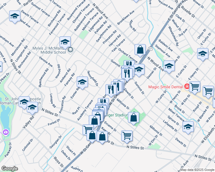 map of restaurants, bars, coffee shops, grocery stores, and more near 350 West Saint Georges Avenue in Linden
